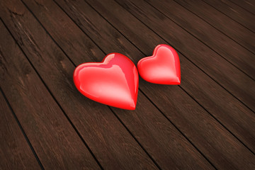Valentines Day background with hearts on a red wooden background, 3d illustration