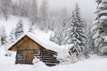 Holzhütte im winterlichen Bergwald