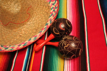 Mexico poncho sombrero maracas background fiesta cinco de mayo decoration stock, photo, photograph, picture, image, 