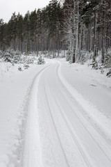 Fototapeta na wymiar car tire tracks on winter road