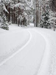 car tire tracks on winter road