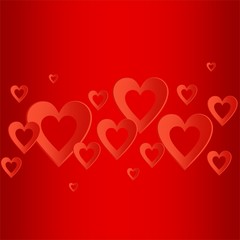 Valentines red background with bright red heart with the composition of red hearts in a row at the center. Greeting for lovers and for Mother's Day