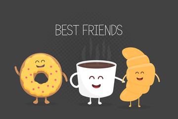 Best Friends coffee, croissant and donut character vector illustration set. Cartoon concept for kids menu