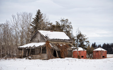 Fototapeta na wymiar A collapsing old house with covered porch and two red wooden granaries in an abandoned farm yard in countryside winter landscape
