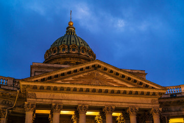 Illuminated Kazan cathedral at night, Saint Petersburg