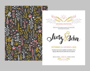 Wedding invitation card template design with branches and leaves hand drawn elements set