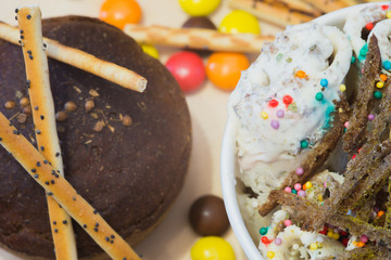 ice cream with rye bread, ice roll, selective focus and small depth of field