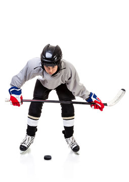 Junior Ice Hockey Player Isolated on White Background
