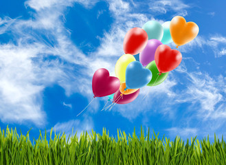 Image of beautiful colorful balloons on sky background.