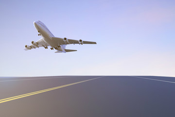 Fototapeta na wymiar Airplane taking off on Runway in Beautiful Blue Sky Background