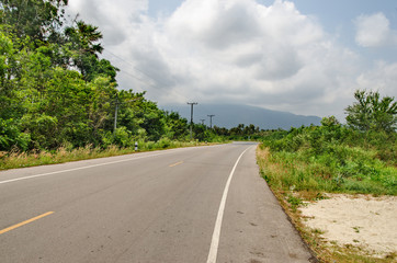 Fototapeta na wymiar Empty asphalt road between palm trees