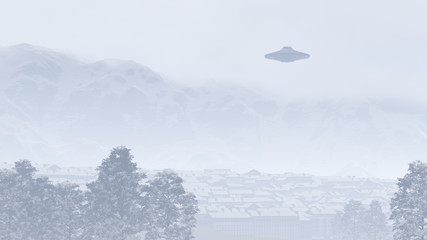 3d UFO over the mountain town
