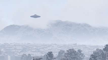 3d UFO over the mountain town
