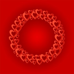 Valentines red background with dark red circle with a ring of red hearts composition. Greeting for lovers and for Mother's Day