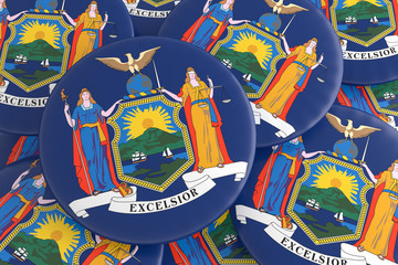 Naklejka premium US State Buttons: Pile of New York Flag Badges, 3d illustration