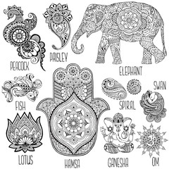 Lotus, hamsa, elephant, Ganesha and other symbols used in mihendi.