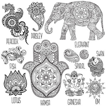 Lotus, hamsa, elephant, Ganesha and other symbols used in mihendi.