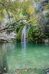 One of the most sexiest places in the world. Rope, waterfall and green rocks. Adonis bath, Cyprus