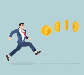Cute cartoon businessman chasing coins video game style. Vector illustration.