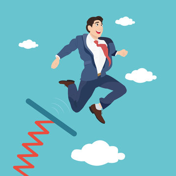 Businessman jumping from springboard on blue sky background. Business success start.