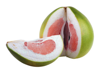 tropical fruit pommelo with red green slices on a white background