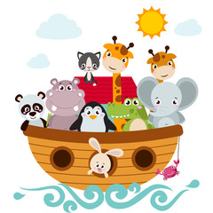 Childish style illustration of Noah's ark on the ocean waves and full of animals aboard (panda, penguin, elephant, giraffe, cat, rabbit, hippo, crocodile).