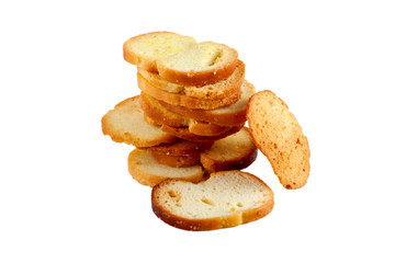 Bruschetta, pile rusks isolated on white background