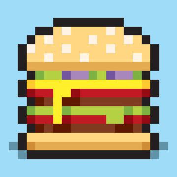 Pixel art, minimalistic double cheeseburger, flat fast food, vector design object, web icon