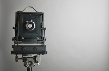 wooden view camera on a tripod