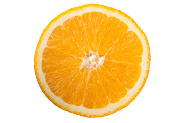 Sliced orange fruit isolated on white background. Bright photo of orange fruit