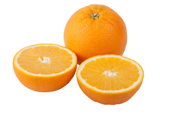 whole orange and two cut halves isolated on white background
