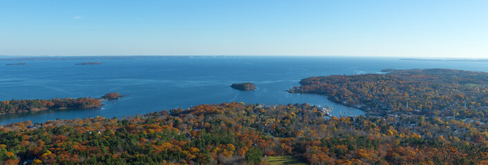 Town of Camden Maine in the late fall with Penobscot Bay and the horizon in the distance.