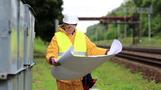 Railway worker in yellow uniform and white hard hat with wiring scheme in hands. Electrician with installation diagram in hands. Railway worker in yellow uniform with design drawings in hands