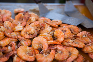 Grilled large shrimp. Street food. Delicious prawn on grill.