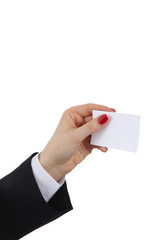 Woman hand giving business card in office