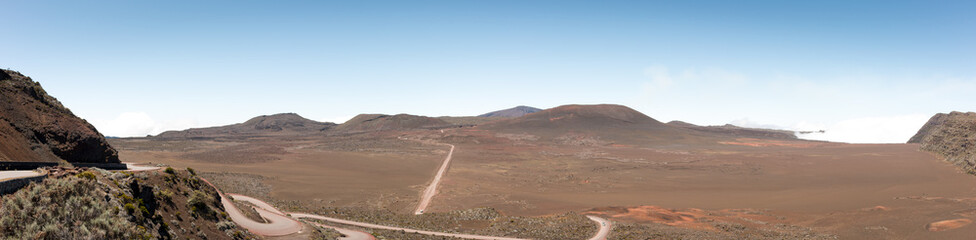 Ile de la Reunion Piton de la Fournaise volcano crater rim landscape road panorama