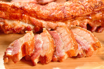 Cracklings on wooden cutting board