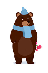 cartoon teddy bear wearing a scarf gives  gift - happy merry christmas design, new year, vector illustration eps10 graphic