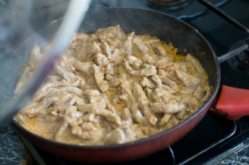 beef stroganoff on the pan frying