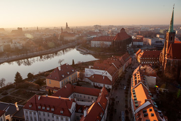 Panorama Wroclaw Old Town roofs at sunset. Europe, Poland