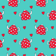 Tea time vector seamless pattern with polka dot tea pot and heart. Hand drawn ink sketch in outlines with english breakfast tea