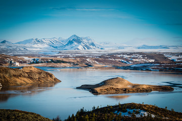 Iceland winter landscape with river lake and mountains and snow - 132770033