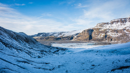 Fototapeta na wymiar Iceland glacier Myrdalsjokull south coast with volcanic ash and mountains