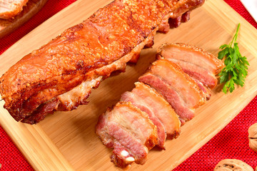 Cracklings on wooden cutting board