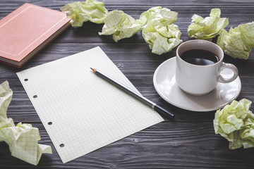 concept of writer desktop wooden background top view mock up