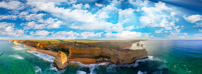 Panoramic aerial view of Twelve Apostles coastline at sunset, Gr - obrazy, fototapety, plakaty