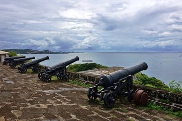 Fototapeta na wymiar Fort George with artillery cannons overlooking St George's, the capital of Grenada
