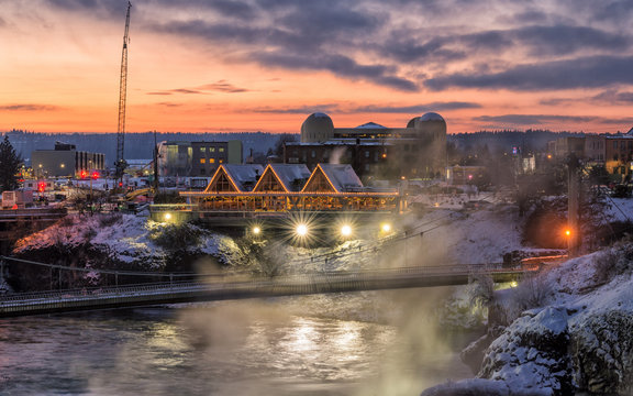 Winter dusk over the Spokane River in downtown Spokane