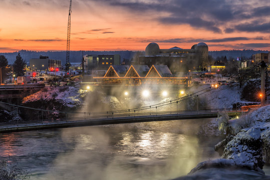 Winter dusk over the Spokane River in downtown Spokane