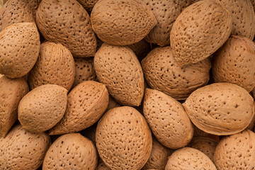 Almonds close up, top view